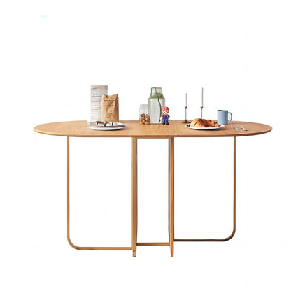 Simple Oval Shape Modern Gold Metal Legs Extendable Folding Solid Wood Dining Table