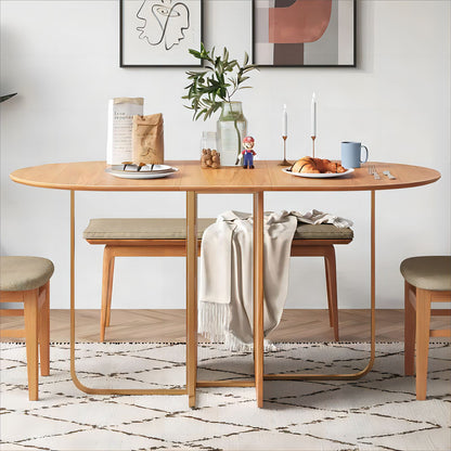 Simple Oval Shape Modern Gold Metal Legs Extendable Folding Solid Wood Dining Table